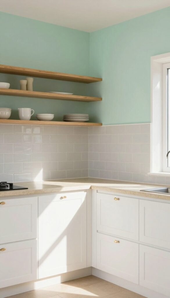 Bright neutral Indian open kitchen with white cabinets, beige countertop, gray backsplash, wood shelves, and mint accent wall