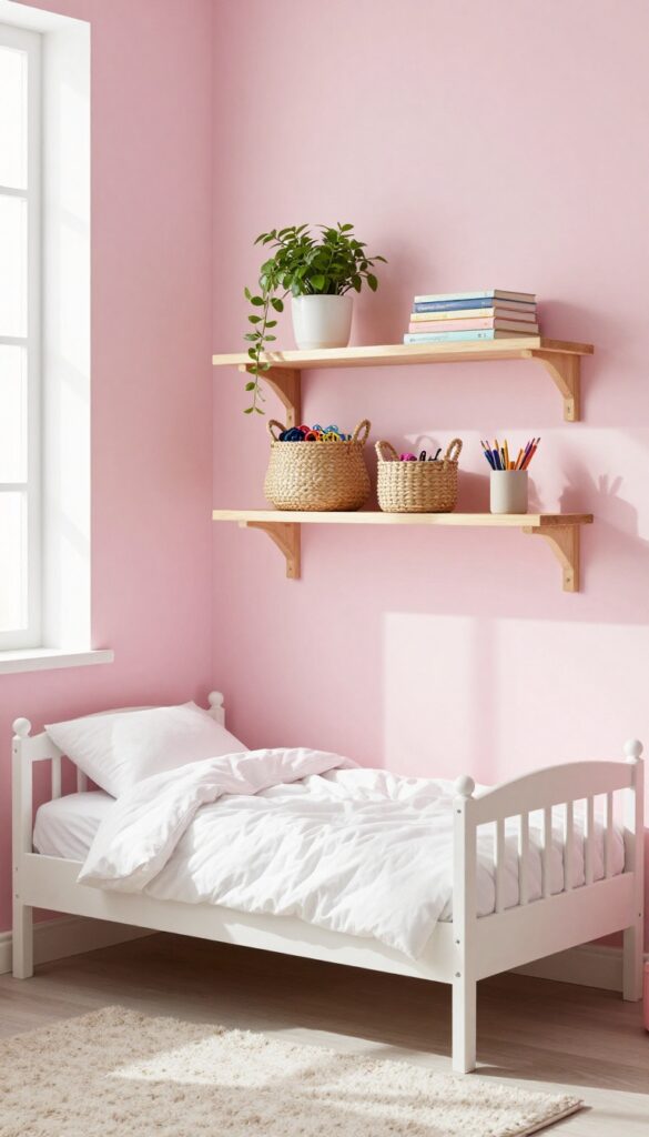 Floating shelves with woven baskets above a bed in a small girl's bedroom, providing storage and display space.