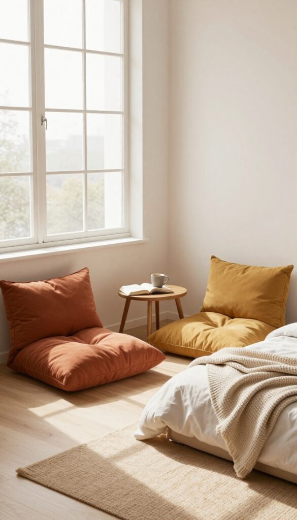 Cozy small bedroom with floor cushions in a sunny window corner creating a low-lounge reading nook.