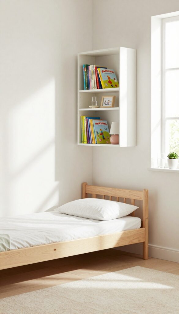 Corner bookshelves doubling as nightstand in a child's bedroom with books, lamp, and water glass, bright natural light, clean minimalist style.
