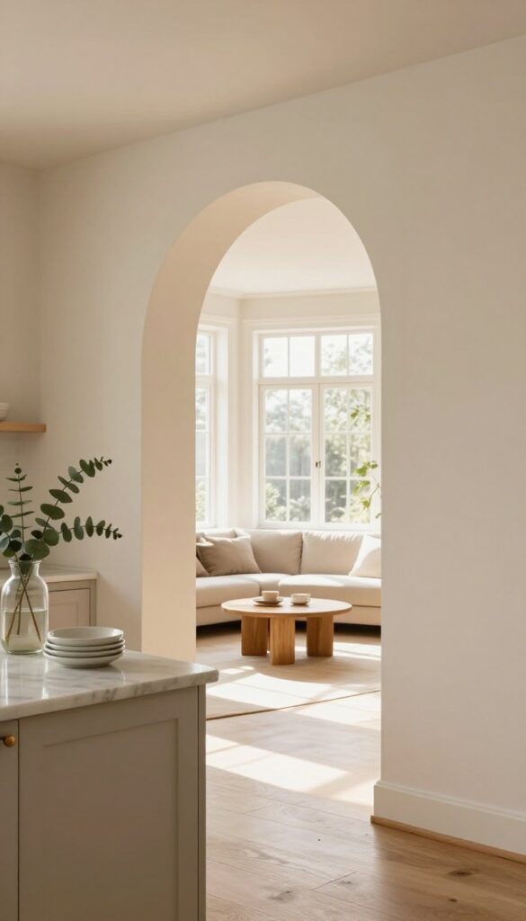 Arched kitchen pass through with drywall finish, opening to a bright living room, natural light, clean and elegant design.