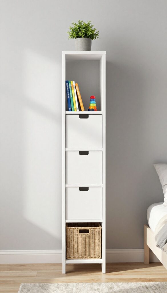 Vertical storage tower in a modern boy's bedroom with clean lines and organized shelves