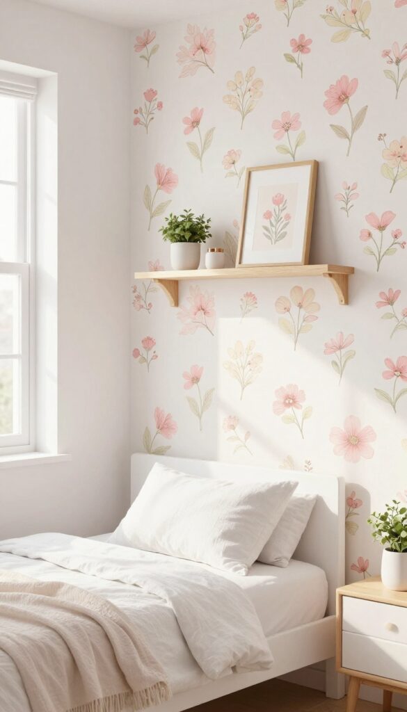 Preteen girl's bedroom with floral peel-and-stick wallpaper accent wall, floating shelf, and natural light
