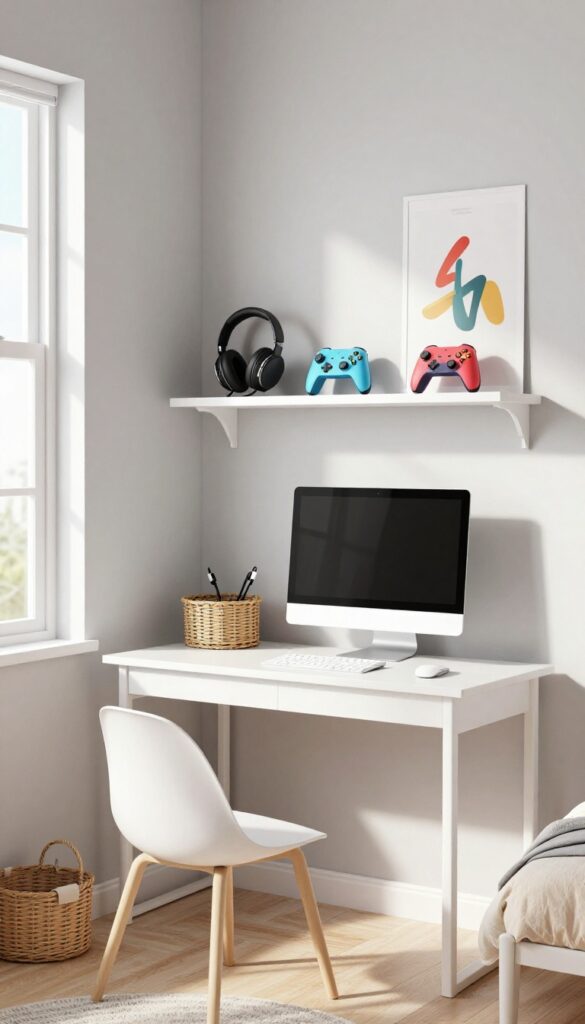 Floating shelves above a monitor in a kids' bedroom, holding a headset and controllers, with natural light and tidy decor.