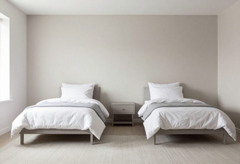 Modern twin boys bedroom with symmetrical beds and neutral decor