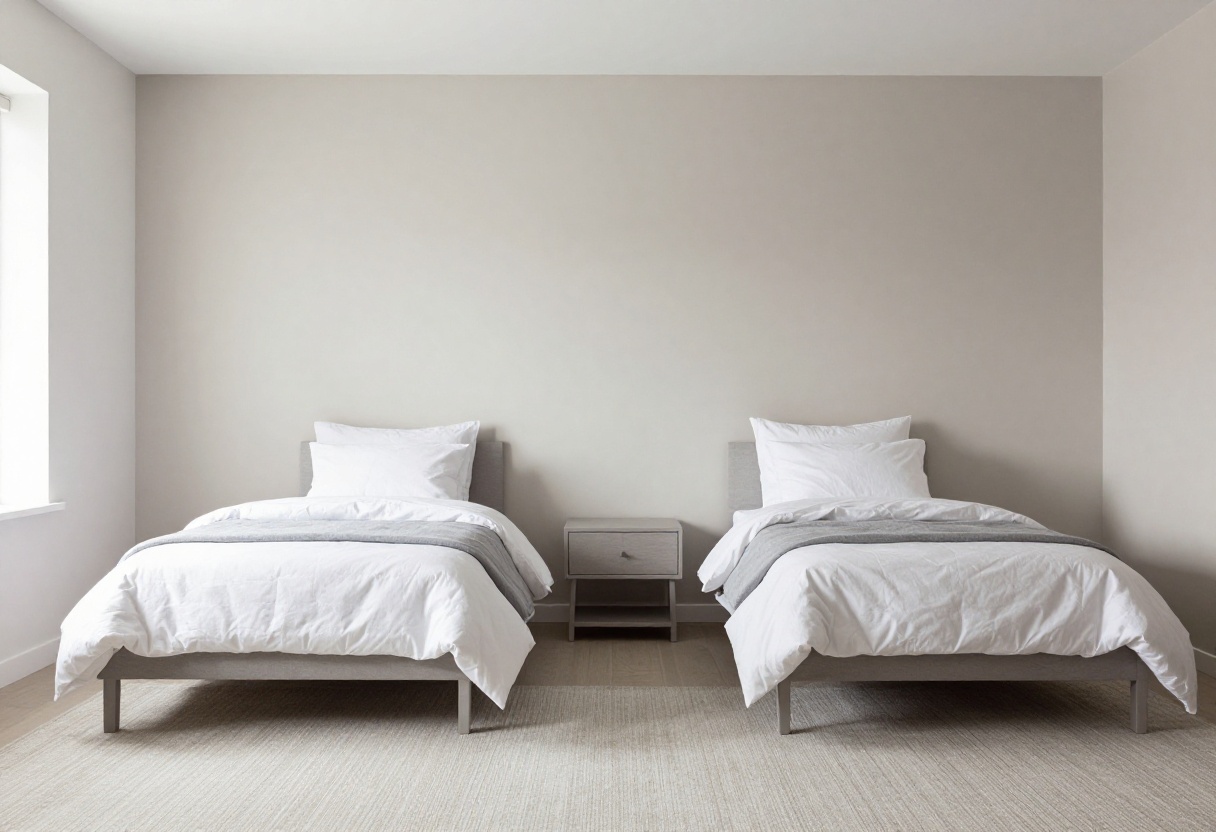 Modern twin boys bedroom with symmetrical beds and neutral decor