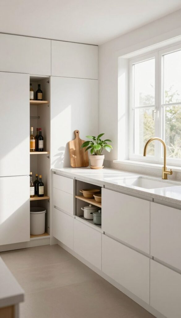 Clutter-free open kitchen with hidden storage, pull-out pantry, and clean countertops in natural light
