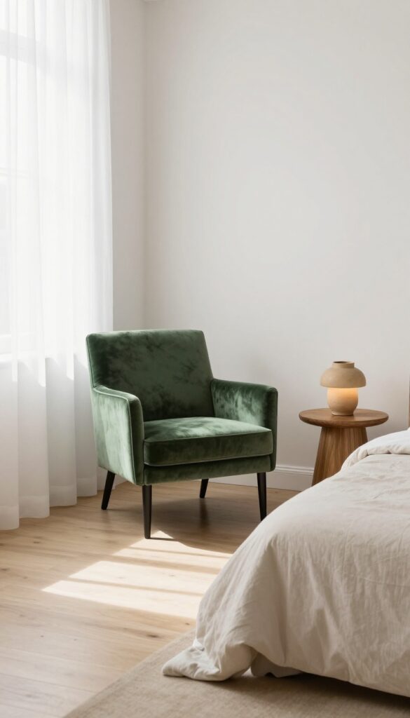 A cozy bedroom corner featuring a green velvet accent chair, a wooden side table with a lamp, and soft natural light from a window.