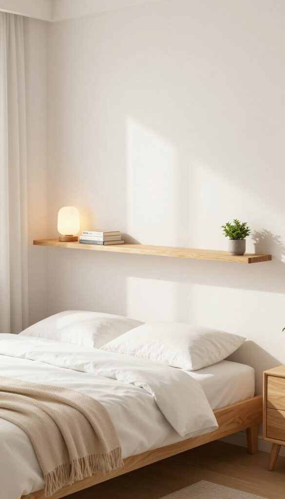 Small double bedroom with a floating shelf above the headboard holding a lamp, books, and a plant, bright natural light
