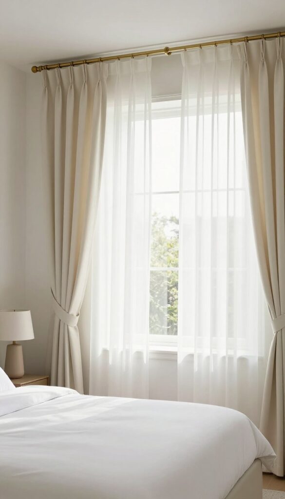 Cozy guest bedroom with layered sheer and blackout curtains on a high rod, soft natural light, neutral decor