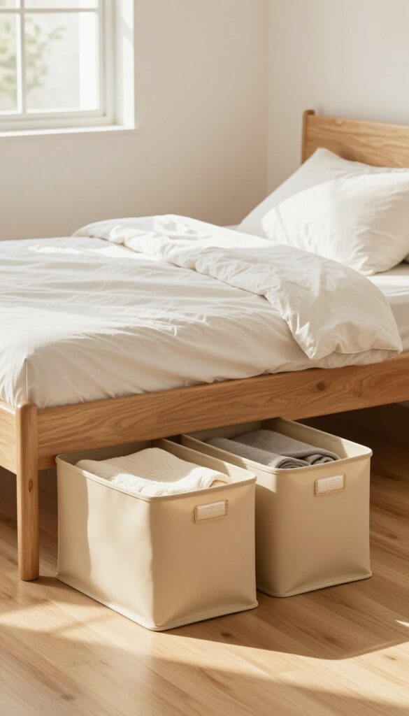Under-bed rolling storage bins in a cozy bedroom