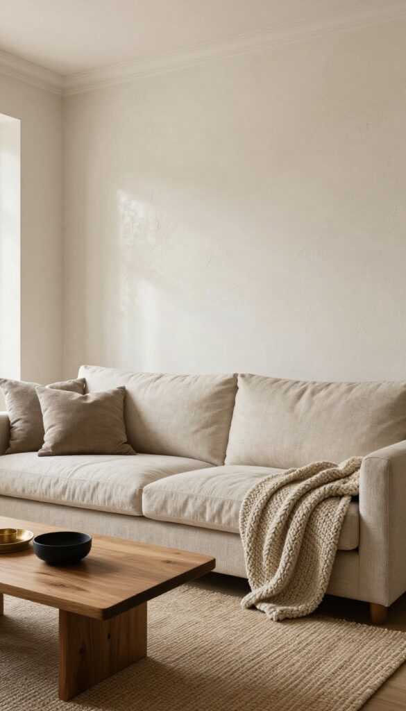 Cozy living room with warm Venetian plaster wall, neutral furniture, natural light, and soft textures