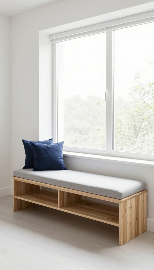 Modern boy's bedroom with under-window storage bench, light wood finish, gray cushion, and navy pillows