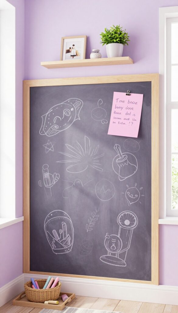 Purple chalkboard wall in a girls' bedroom with pastel chalk art and a tidy chalk tray, styled with a floating shelf and natural light.