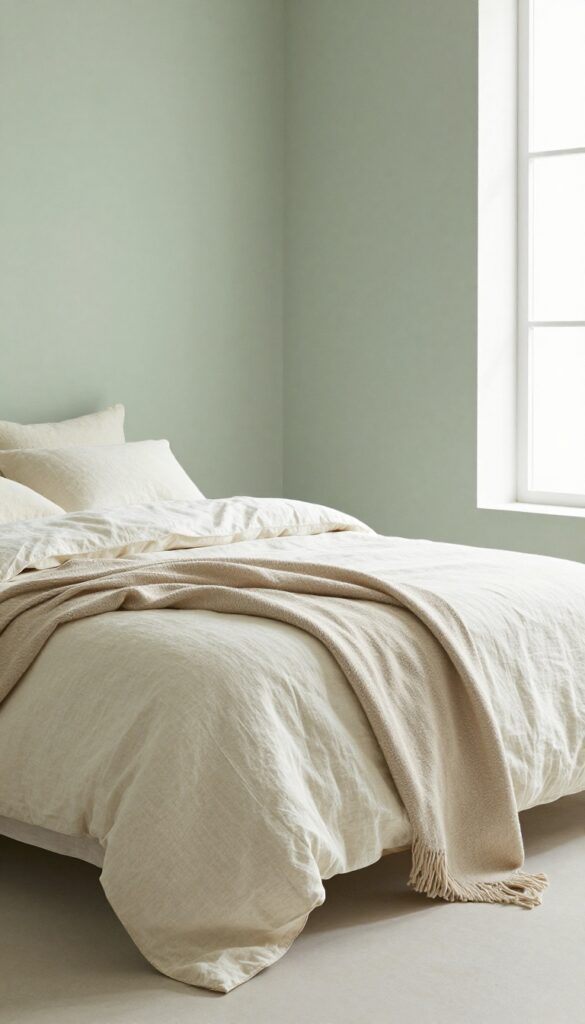 Serene bedroom with sage green walls and creamy linen bedding, natural light, cozy and airy atmosphere
