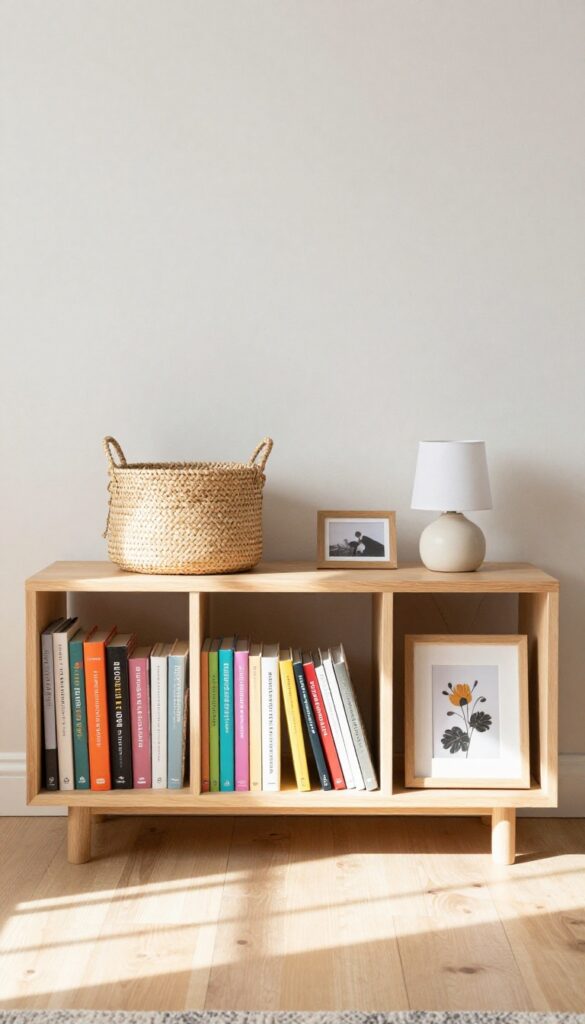Low wooden bookshelf with books and woven baskets in a neutral girl's bedroom