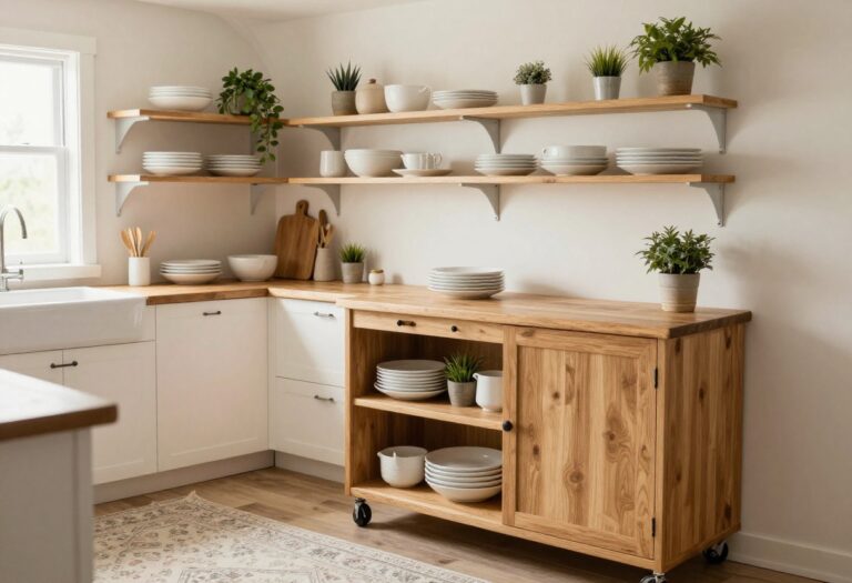 Cozy mobile home kitchen with open shelving, butcher block counter, rolling cart, and patterned rug