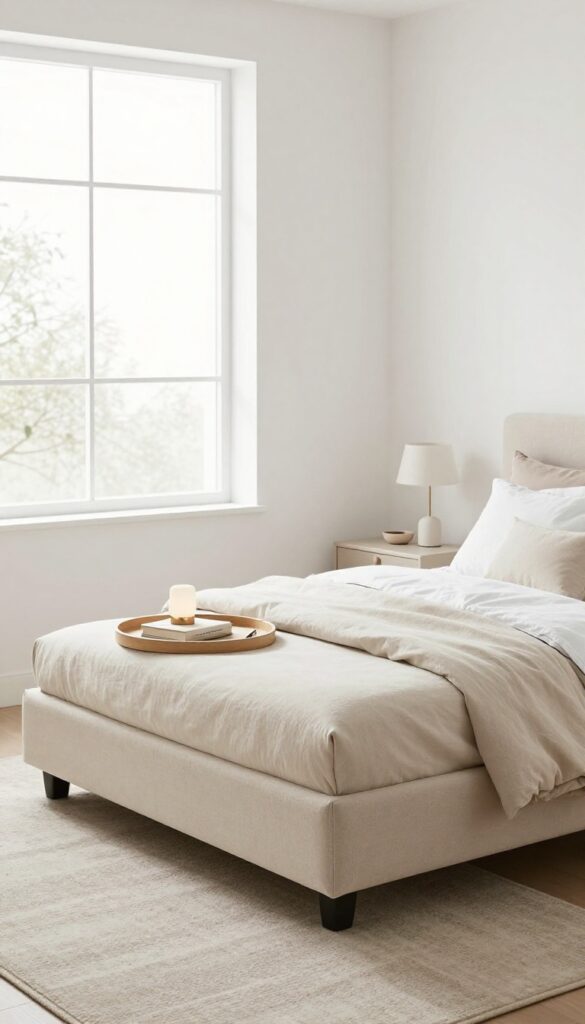 A beige upholstered ottoman at the foot of a bed in a bright teen girl's bedroom, with a tray on top, natural light, and minimalist decor.