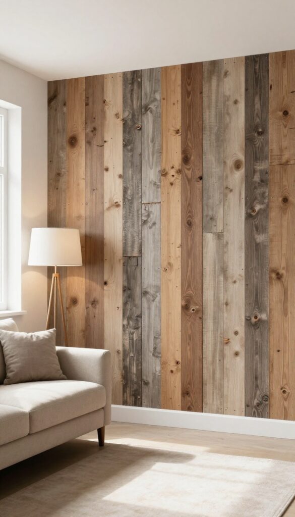 Cozy living room with a reclaimed wood accent wall featuring weathered planks, warm lighting, and neutral decor.