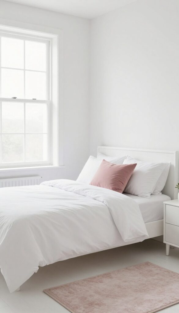 All-white bedroom with subtle pink accents, featuring a blush throw pillow and pink rug.