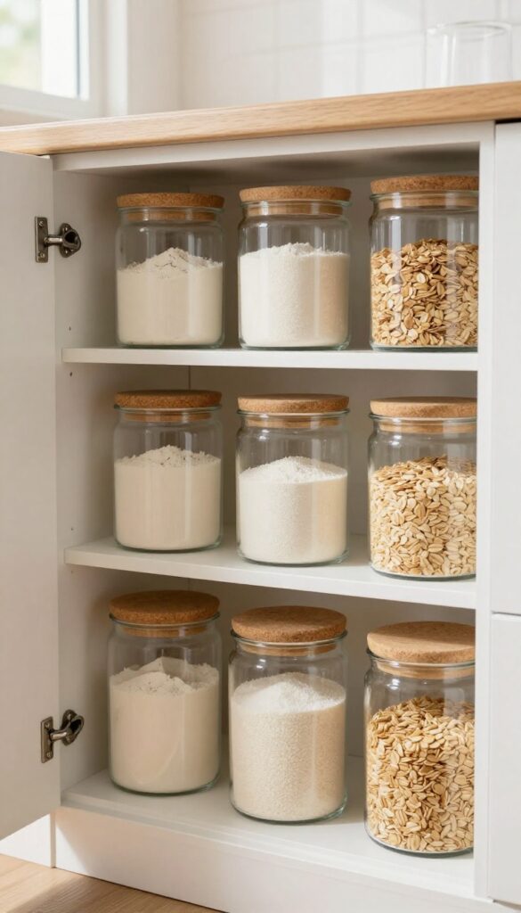Glass canisters on open shelf in kitchen store room