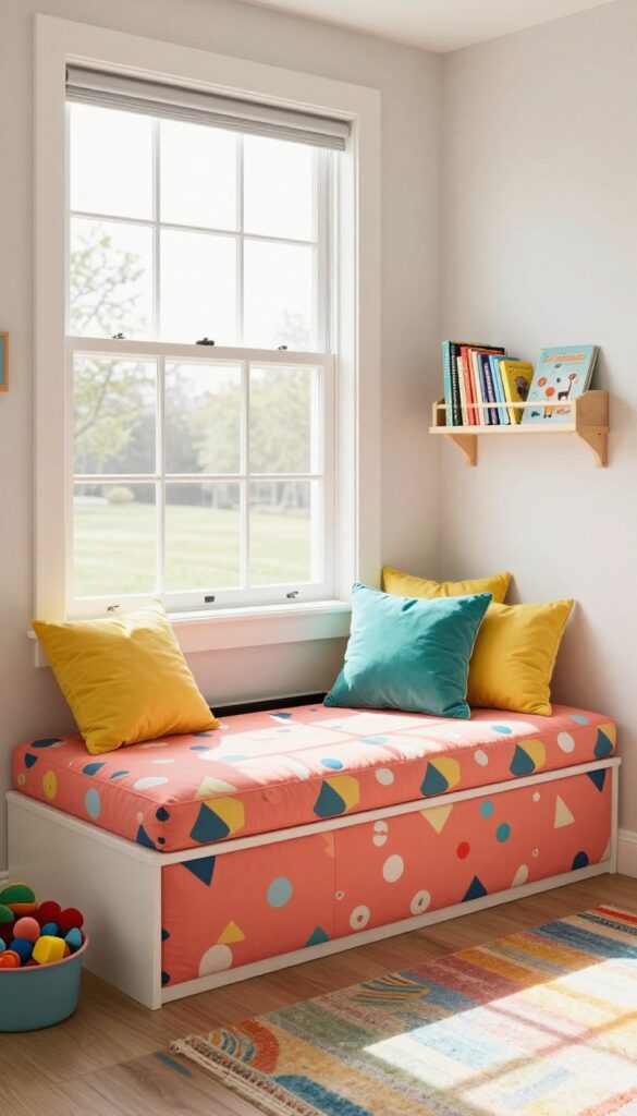 Kids bedroom with a window seat featuring hidden storage compartments, coral geometric cushion, and colorful pillows, bathed in natural light.