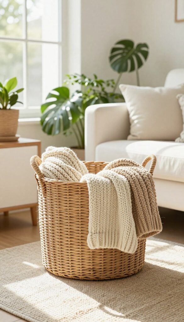 Woven storage basket beside a white sofa in a bright boho living room with a chunky knit throw draped over it.