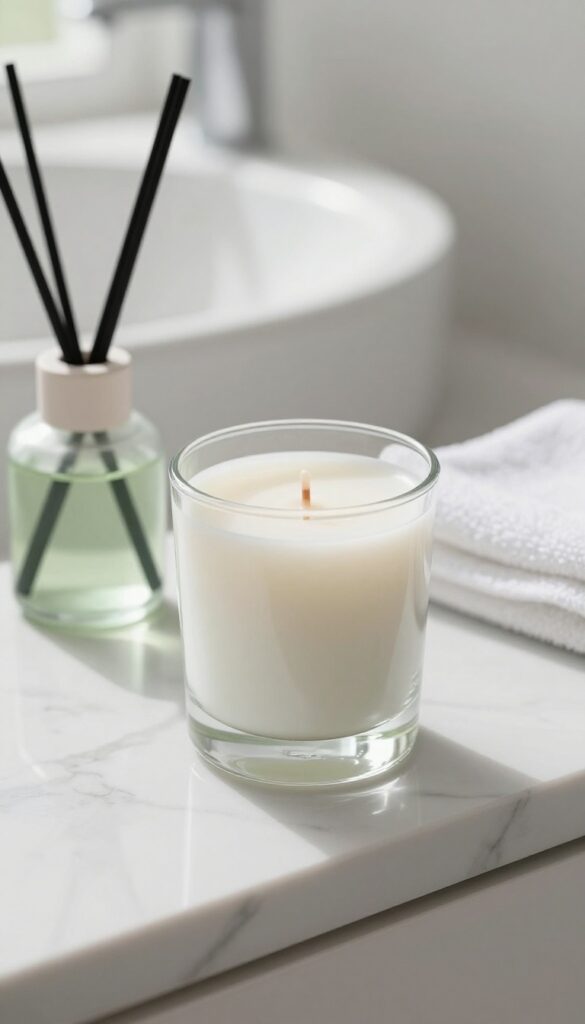 Small candle and reed diffuser on marble bathroom counter