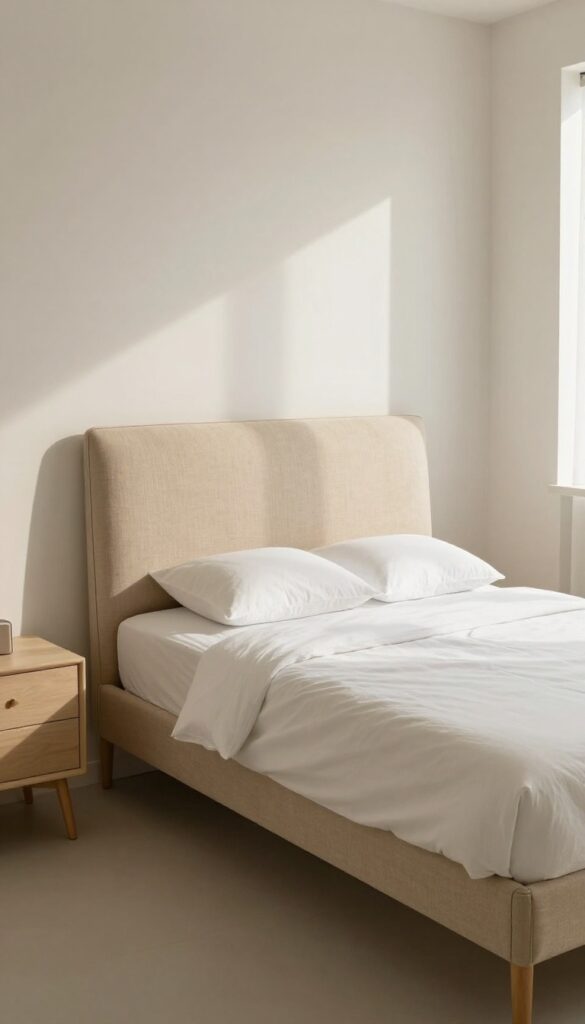 Small guest bedroom with slim upholstered headboard in warm beige, white bedding, natural light, airy and inviting atmosphere.