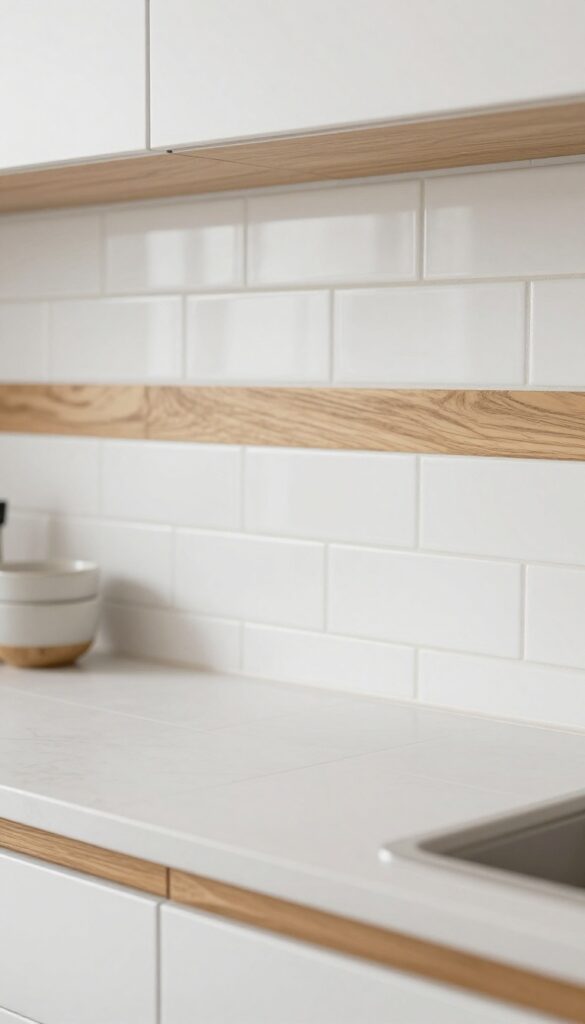 Warm white subway tile backsplash with wood-look planks in a guest suite kitchenette