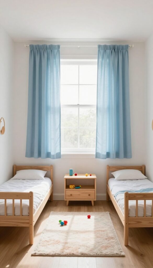 Two kids bedroom with curtain dividers on ceiling track, soft linen curtains separating beds, bright natural light, clean and airy.