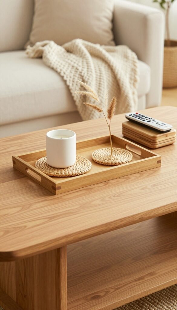 A bamboo tray on a wooden coffee table holds a candle, coasters, a remote caddy, and dried pampas grass, with a boho living room background.