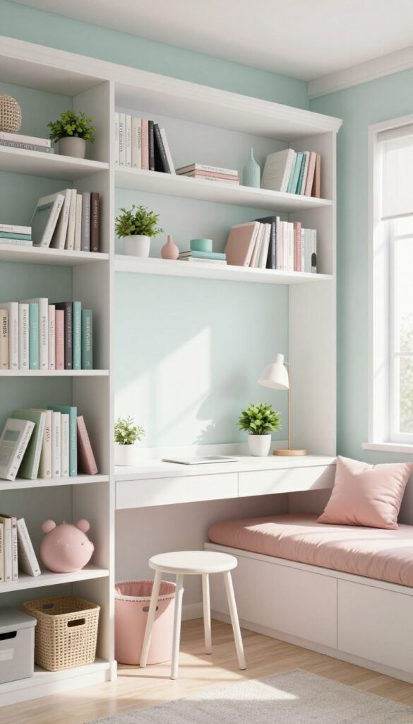 Teen girl bedroom with built-in desk and window seat in floor-to-ceiling bookshelf wall