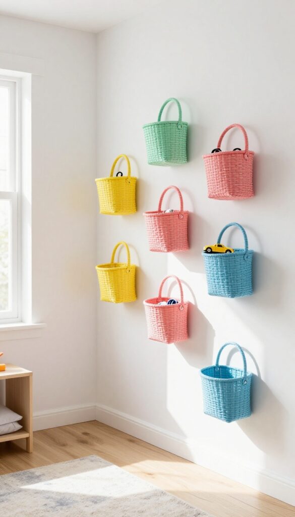 Wall-mounted baskets in assorted colors on a bedroom wall, containing small toys and accessories, with natural light and clean composition.