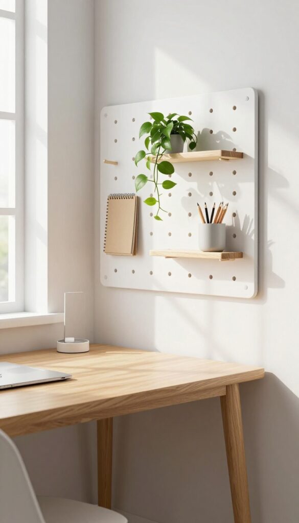 Small bedroom with a white pegboard above a desk, holding a plant, notebook, and pencils, with natural light.
