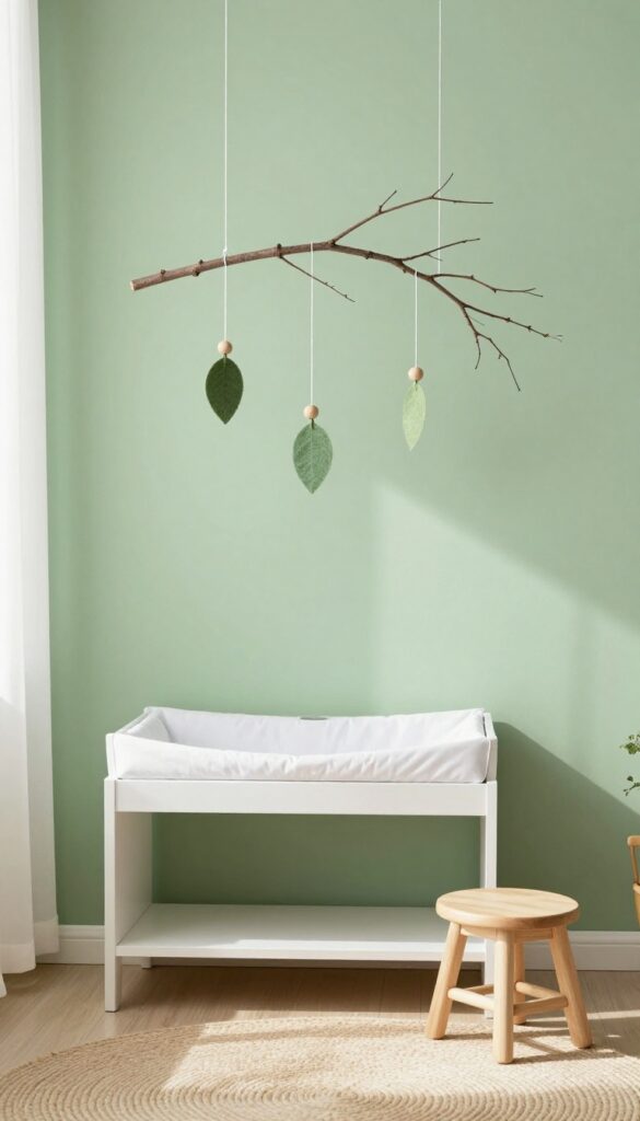 A DIY branch mobile hanging over a changing table in a forest-themed kids bedroom