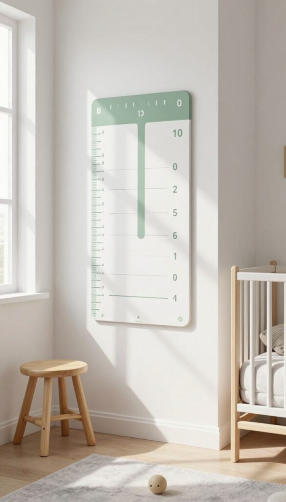 Baby boy bedroom with a sage green painted ruler growth chart on the wall, a wooden stool, crib, and soft rug in natural light.