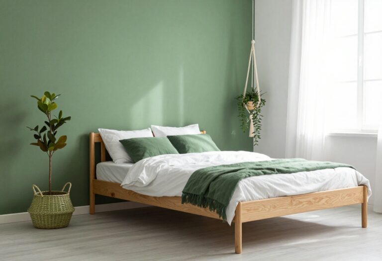 Bright bedroom with forest green accent wall, white bedding, hanging plant, and green basket