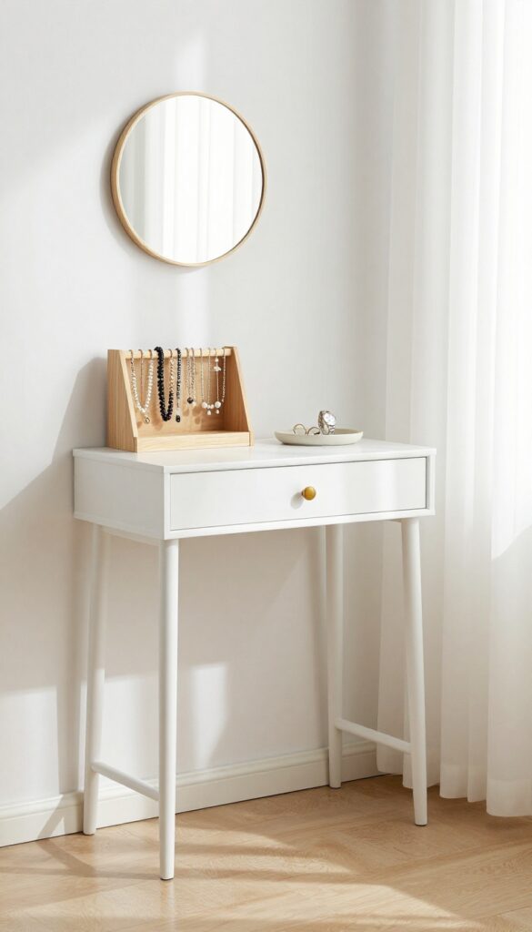 A slim white console table in a bedroom corner with a wall-mounted jewelry organizer displaying necklaces and earrings, a small mirror above, and a ceramic tray on the tabletop.