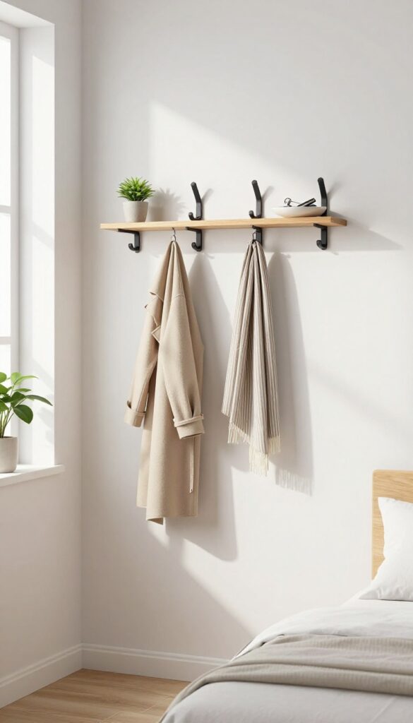 A wall-mounted coat rack with hooks and a small shelf in a bright guest room, holding a coat, scarf, plant, and keys.