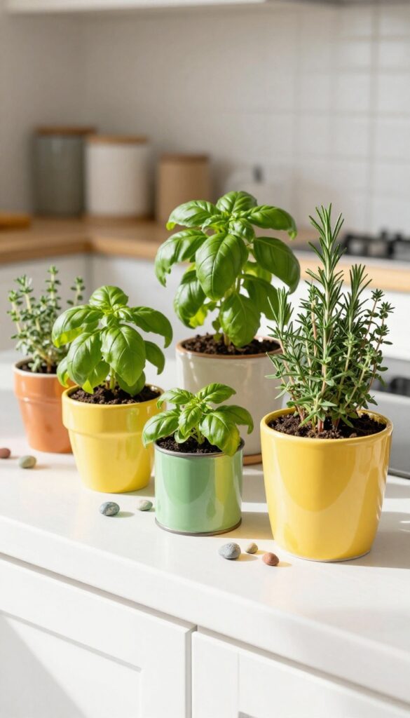 DIY herb garden on a sunny kitchen windowsill with colorful pots and upcycled tin cans, fresh herbs, and natural light.