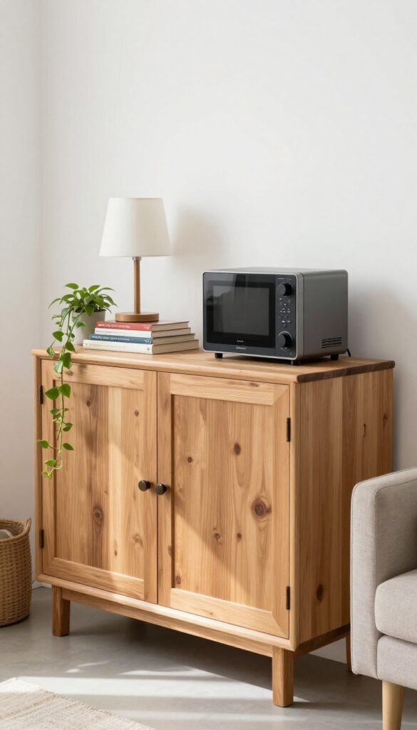 Rustic wooden cabinet with warm, cozy vibe in a living room
