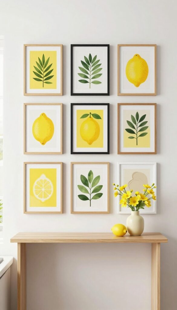 A compact kitchen with a lemon-themed gallery wall of small framed prints above a narrow console table, styled with fresh flowers and a ceramic lemon in bright natural light.