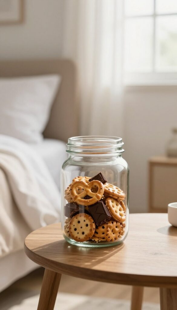 A clear glass jar filled with assorted snacks like pretzels and trail mix on a wooden table in a bright guest room.