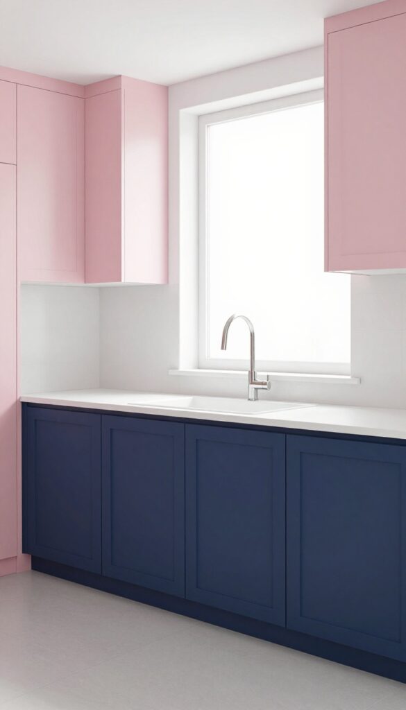 Two-tone kitchen cabinets with navy blue lower cabinets and soft pink upper cabinets, white countertops, natural light