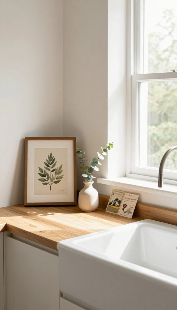 Narrow wooden ledge above kitchen sink with framed art, postcards, and a small vase, creating a cozy gallery moment.