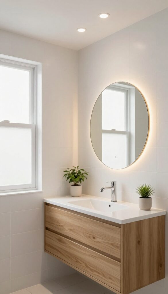 Small guest bathroom with layered lighting including overhead recessed lights, a wall sconce, and a mirror with built-in LEDs, creating a warm and bright ambiance.