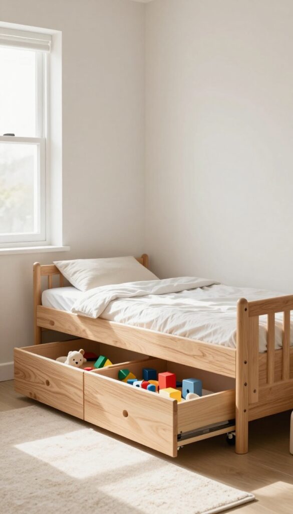 Under-bed drawers in a kids bedroom storing toys