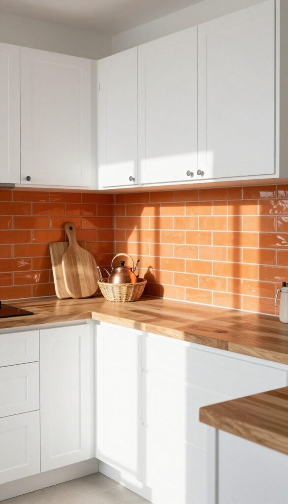 Orange herringbone backsplash in a white kitchen with wood countertops and copper accents