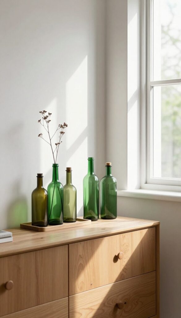 Green glass bottles and vases on a wooden tray on a dresser in a sunlit bedroom